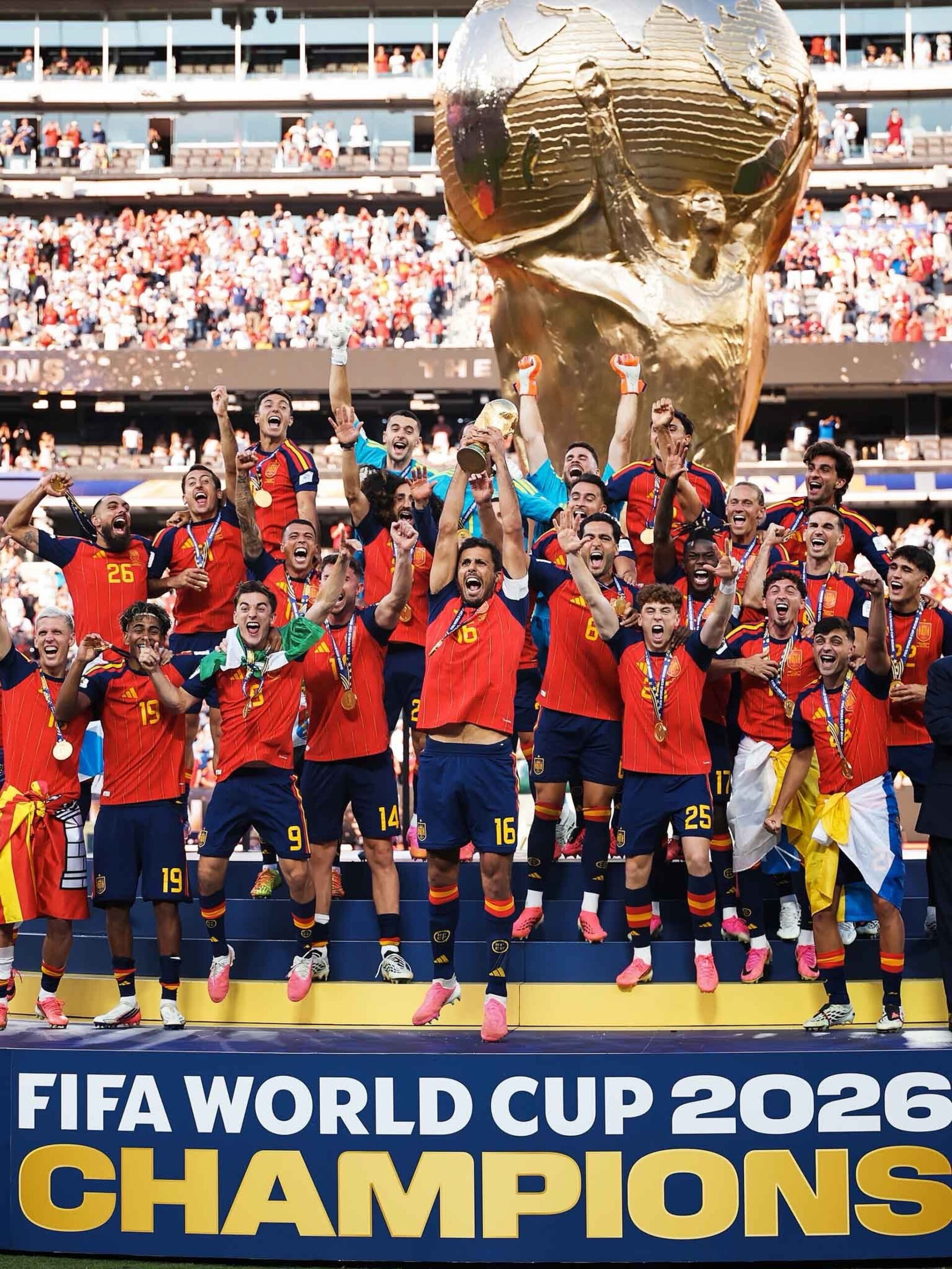 Spain celebrate their 2026 FIFA World Cup victory, lifting the trophy after defeating Argentina in the final to become world champions for the second time.