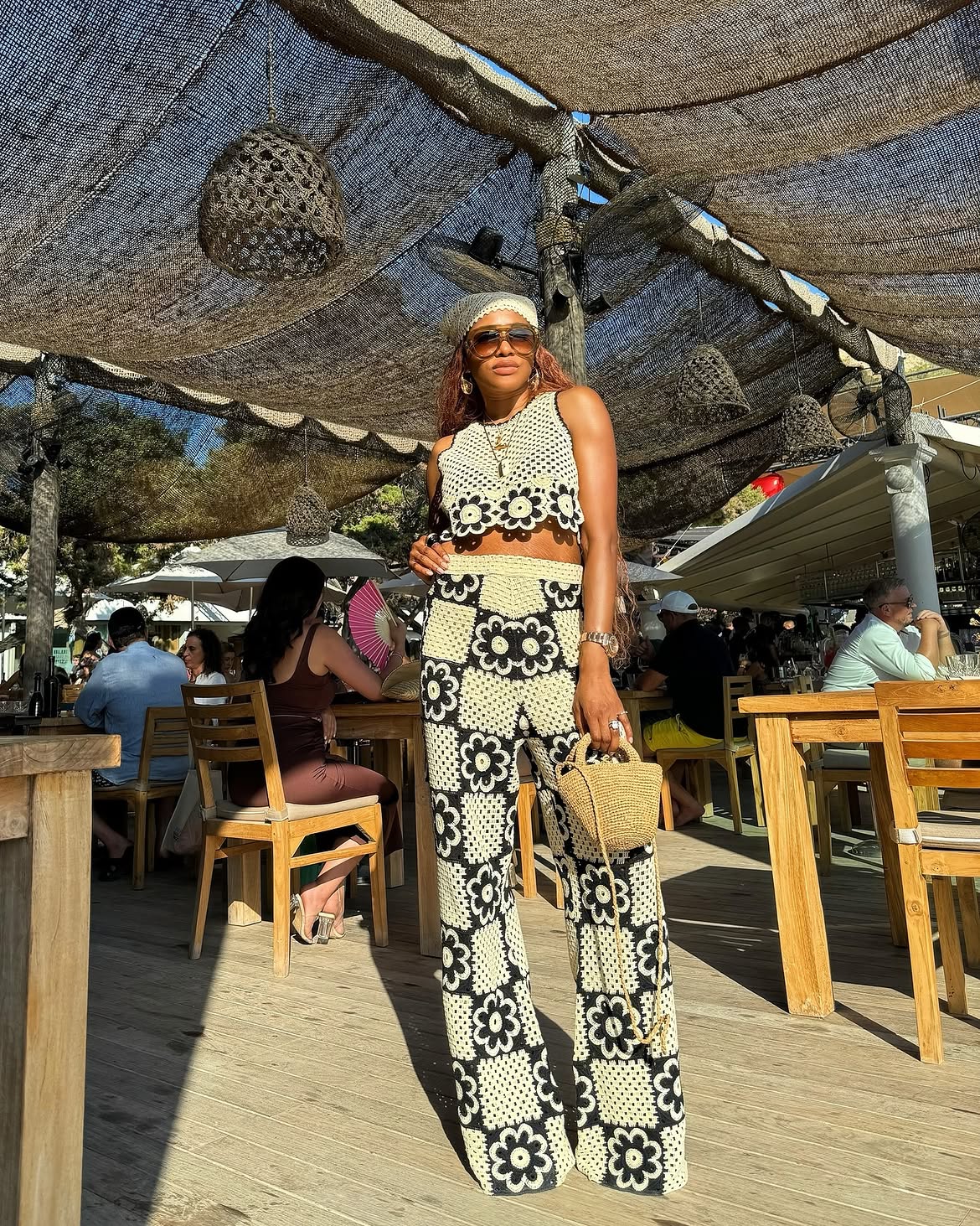 lisa folawiyo wearing white and black floral matching pants set