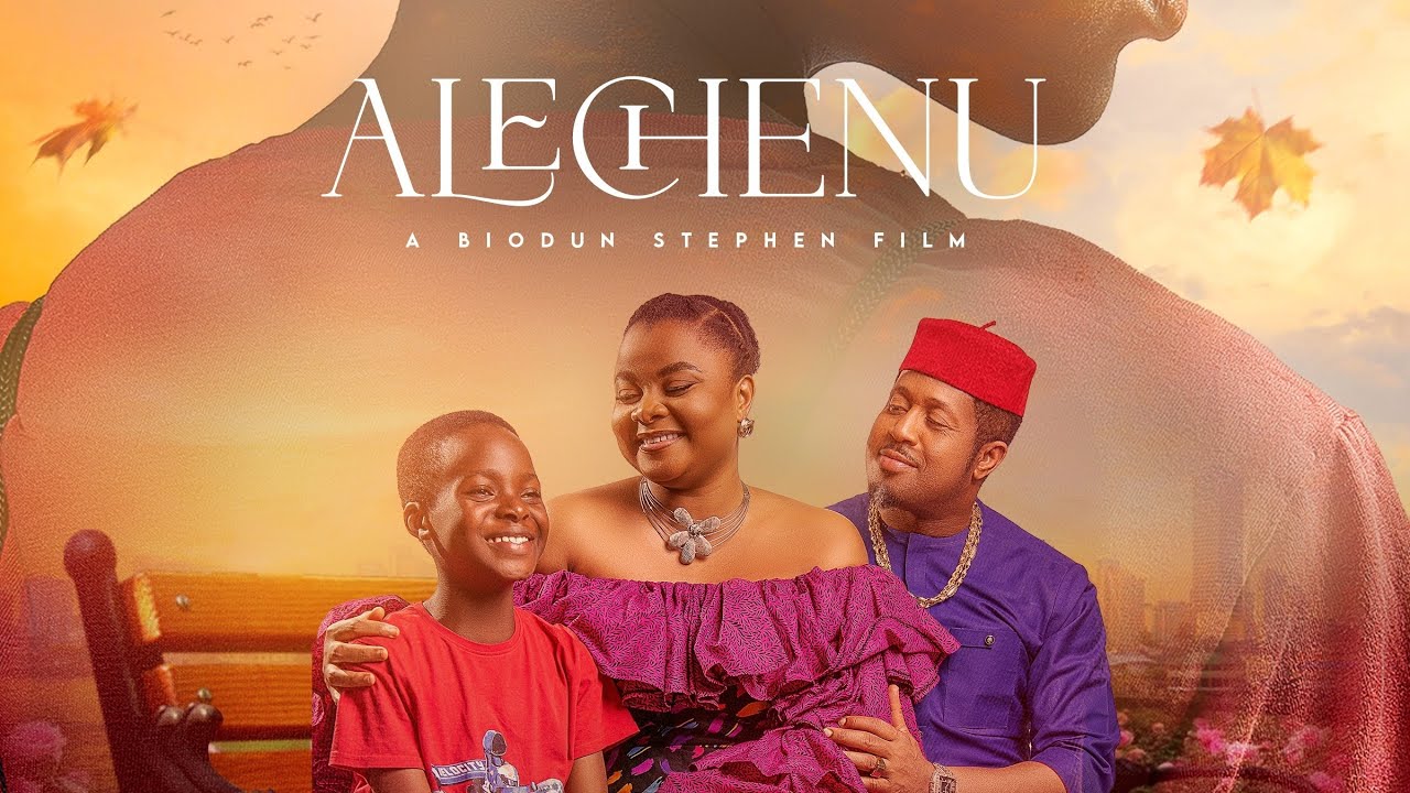 Official movie poster of Alechenu, a Biodun Stephen film, featuring Bimbo Ademoye in a purple off-the-shoulder dress alongside Mike Ezuruonye wearing a red cap and purple traditional outfit, with child actor Royal Aziomaku in a red t-shirt against a warm sunset backdrop.