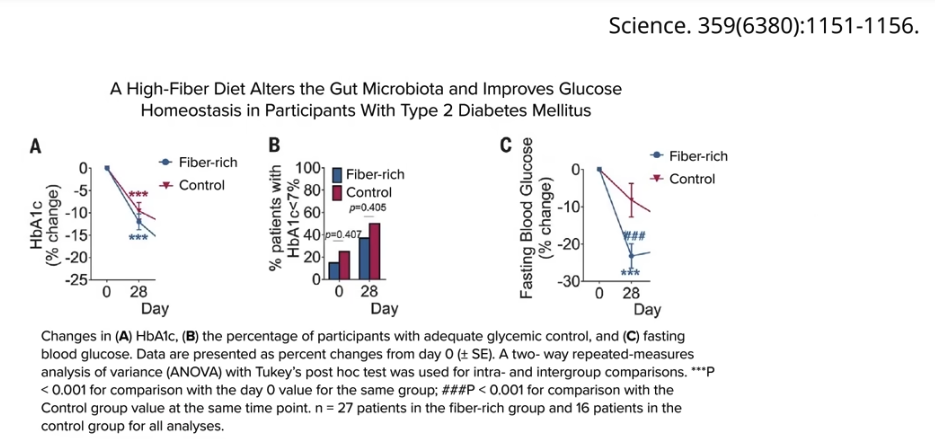 charts showing how high-fiber diets can alter the gut microbiome and improve blood sugars in those with type 2 diabetes